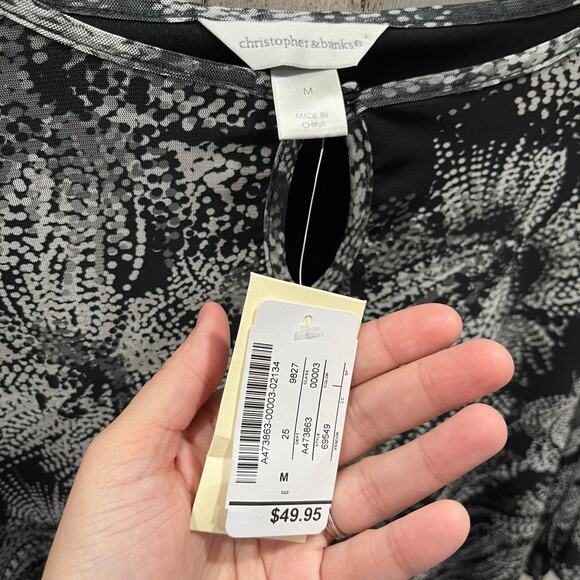 New! Christopher & Banks Black Flutter Sleeve Abstract Floral Blouse Top Medium - Picture 3 of 6